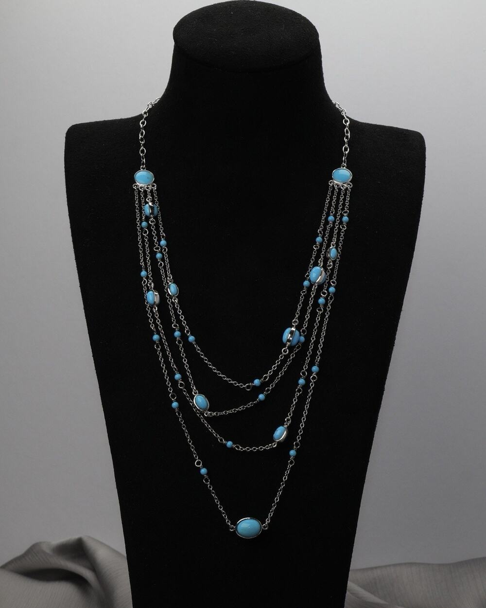 Vintage Sterling Silver 4 Strands W/ Turquoise Necklace 15.9G / 19in Adjustable